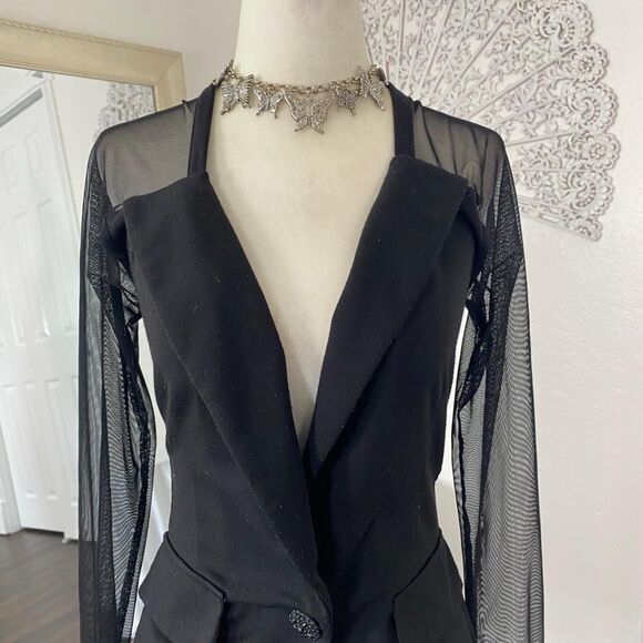 Wet Seal Vintage Office Siren Black Semi Sheer Mesh Rhinestone Button Blazer S - Picture 4 of 7